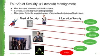Four A’s of Security: #1 Account Management
Plain Talk about Security04/02/2015 5
Physical Security Information Security
• User Accounts: represent interactive humans
• Service Accounts: represent batch processes
• Role-based Accounts: represent groups of accounts with similar profiles & needs
admins
services
employees
customers
suppliers
hackers
 