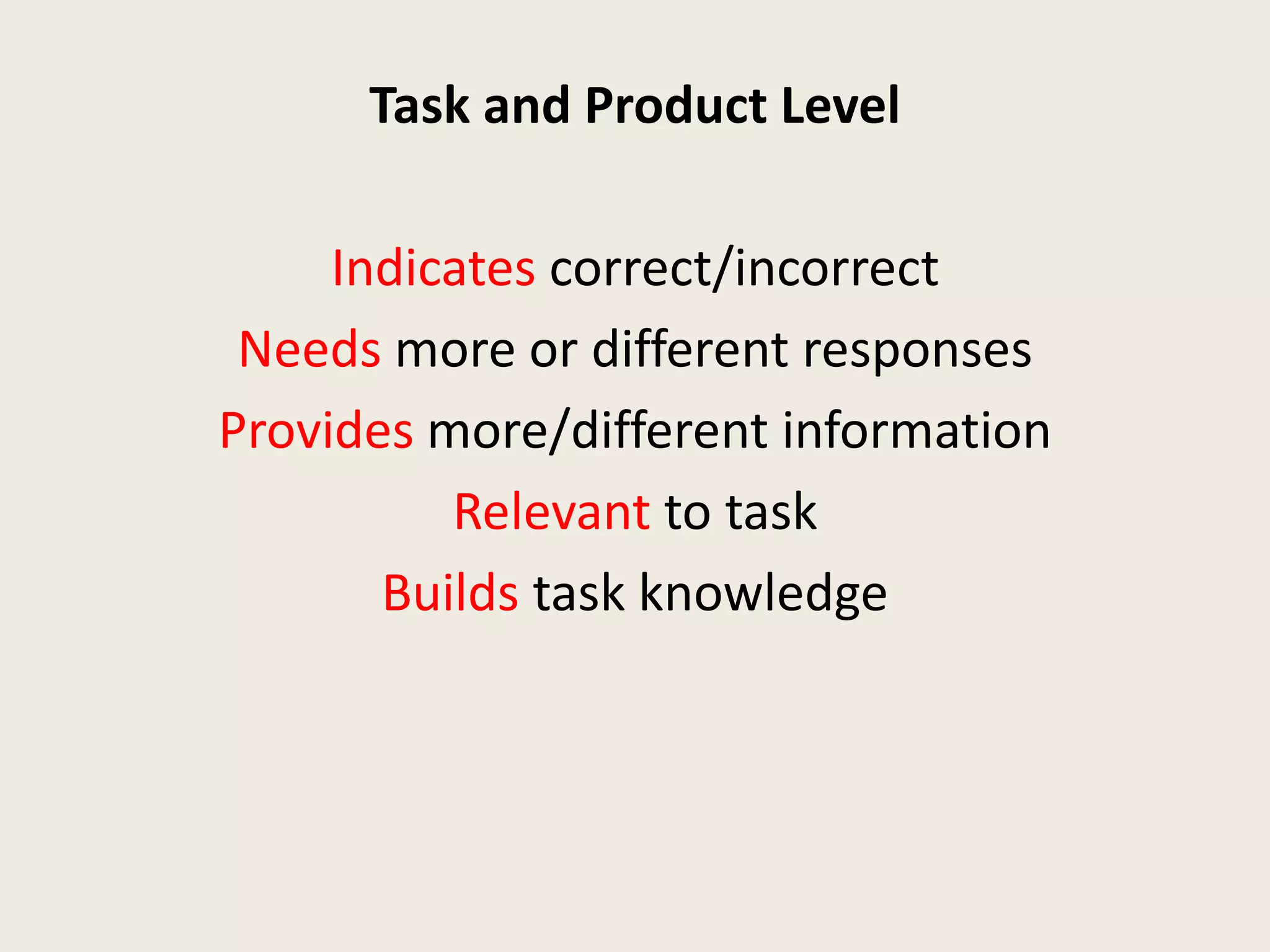 Task and Product Level
Indicates correct/incorrect
Needs more or different responses
Provides more/different information
Relevant to task
Builds task knowledge
 