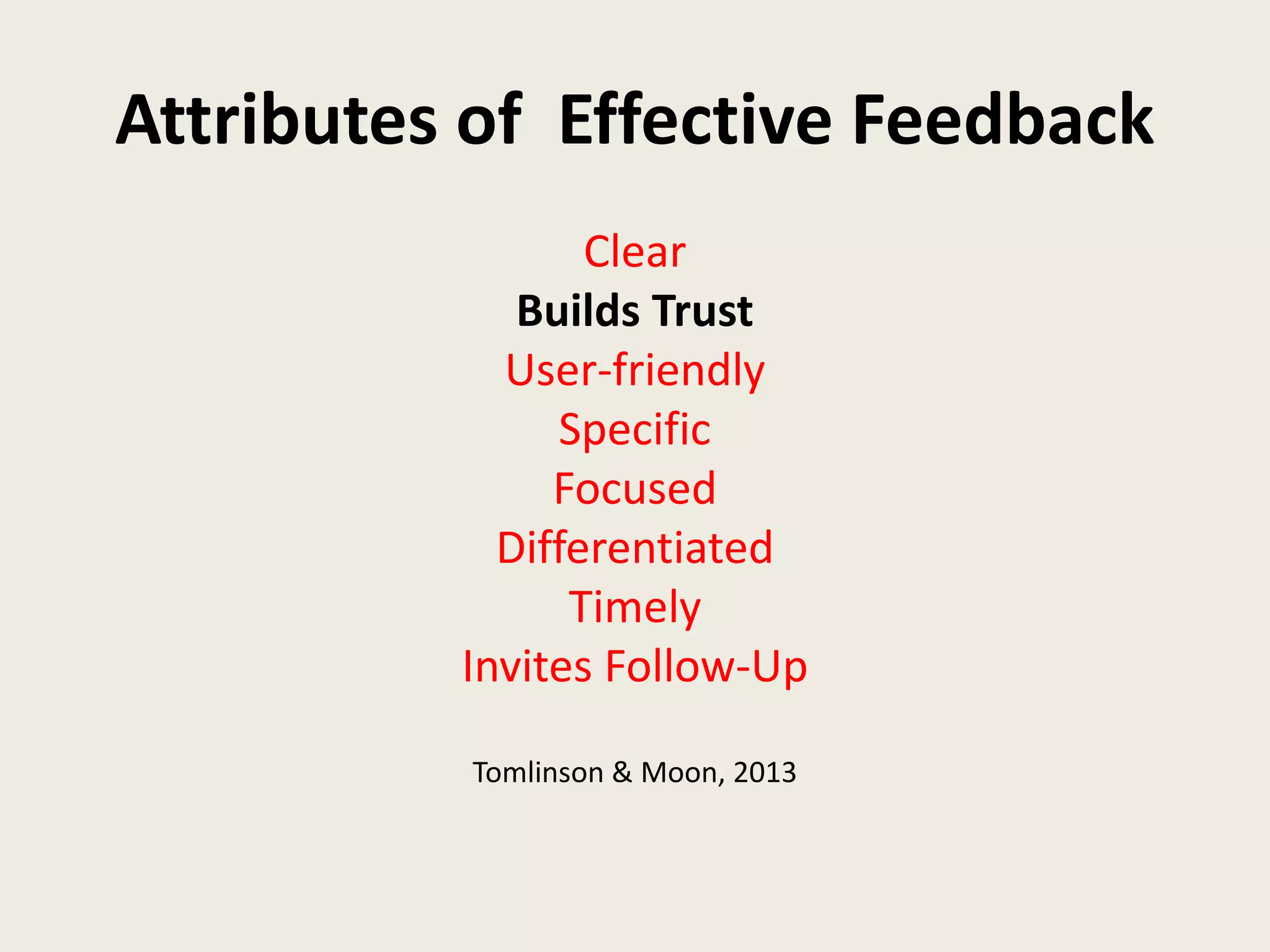 Attributes of Effective Feedback
Clear
Builds Trust
User-friendly
Specific
Focused
Differentiated
Timely
Invites Follow-Up
Tomlinson & Moon, 2013
 