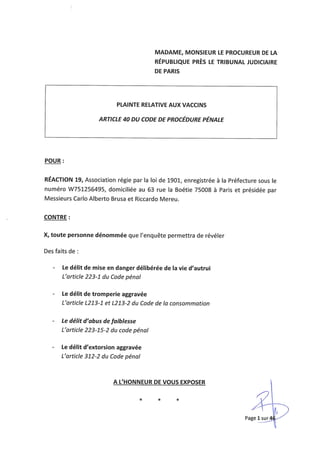 Plainte pénale relative aux vaccins auprès du Procureur de la République près le Tribunal Judiciaire de Paris sous le numéro 20351000746