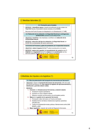 2. Medidas laborales (2)

                             2.3. Formación para el empleo
                                  Formació
   • MEDIDAS: intensificar apoyo a través de bonificación de las cuotas a la
     Seguridad Social y financiación directa (incluido en los 800M€).

        Recursos del Fondo Europeo de Adapatación a la Globalización (1,7 M€).
        2.4. Reducción de la cotización a la Seguridad Social por contingencias
             Reducció        cotizació
                        profesionales (pendiente acuerdo Diálogo Social)
   • OBJETIVO: incentivar a las empresas a contribuir a la reducción de la
     siniestralidad laboral
   • MEDIDAS: reducción del tipo de cotización a la Seguridad Social, en
     función de la siniestralidad del sector automoción

        2.5.Control de Procesos y gasto de prestación por incapacidad temporal
                                           prestació
   • OBJETIVO: reducir impacto de las IT sobre la producción en el sector.
   • MEDIDAS: mejora de la gestión del procedimiento de control de las IT,
     mejoras en la regulación de las IT y mejora de la coordinación con los
     servicios públicos de salud de las CC.AA. (Grupo de trabajo).


                                                                                       10




3.Medidas de impulso a la logística (1)

          3.1. Plan de potenciación del transporte de mercancías por ferrocarril
                       potenciació                    mercancí
    •    OBJETIVO: mejorar el transporte ferroviario de mercancías (10% del coste,
         por encima del laboral, 8%) que mejoren la logística de aprovisionamiento y
         distribución y permita reducir costes.
    •    MEDIDAS:
          1. Inversión en infraestructuras ferroviarias y material rodante
             A. Ampliación longitud apartaderos
             B. Inversión en nuevo material rodante
             C. Refuerzo conexión red ferroviaria y los principales puertos
          2. Mejora de la gestión de la operación ferroviaria
             A. Priorización trafico ferroviario en Puertos del Estado
             B. Establecimiento red básica instalaciones logísticas operativas
                 24hx365 días
             C. Tarifas de entidades/terminales públicas. Mantenimiento tarifa 2008
                 RENFE y ADIF.
          3. Mejor regulación: creación del comité de Regulación ferroviaria.


                                                                                       11




                                                                                            6
 