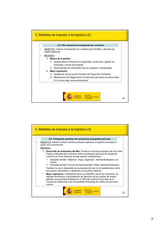 3. Medidas de impulso a la logística (2)


                          3.2. Plan sectorial de transporte por carretera
     •       OBJETIVO: mejorar el transporte por carretera para facilitar y abaratar los
             costes logísticos.
     •       MEDIDAS:
              1. Mejora de la gestión.
                 A. Ayudas para la formación en seguridad, conducción, gestión de
                    empresas, nuevas tecnologías.
                 B. Herramientas de información para el cargador y transportista.
              2. Mejor regulación.
                 A. Aprobación de la Ley del Contrato de Trasportes Terrestres.
                 B. Modificación del Reglamento de Vehículos (aumento de altura hasta
                    4,5 m para mejor aprovechamiento).




                                                                                               12




3. Medidas de impulso a la logística (3)

              3.3. Transporte marítimo de mercancías (autopistas del mar)
                              marí        mercancí
 •   OBJETIVO: desde el sector marítimo portuario optimizar la logística asociada al
     sector de la automoción.
 •   MEDIDAS:
         1. Desarrollo de Autopistas del Mar: Puesta en marcha autopistas del mar entre
            Francia y España para optimizar tráfico empleando servicios de transporte
            marítimo de corta distancia de alta relación calidad/precio.
               1. Autopista del Mar “Atlántica” (Vigo y Algeciras – Nantes/St.Nazaire y Le
                  Havre).
               2. Autopista del Mar “Círculo de Optimodalidad” (Gijón -Nantes/St.Nazaire).
               También se van a desarrollar las autopistas del mar en el mediterráneo, entre
               los puertos valencianos y catalanes y los puertos italianos.
         •     Mejor regulación: modificación de la Ley 48/2003, de 26 de noviembre, de
               régimen económico y de prestación de servicios de los puertos de interés
               general, que permitirá abaratar en un 30% las cuantías de la tasa de la
               mercancía satisfechas a las Autoridades Portuarias por tráfico de vehículos
               nuevos.


                                                                                               13




                                                                                                    7
 