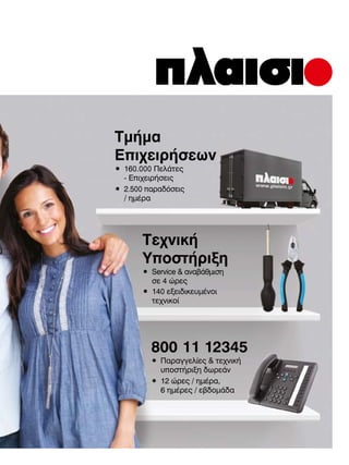 Τμήμα
Επιχειρήσεων
• 160.000 Πελάτες
- Επιχειρήσεις
• 2.500 παραδόσεις
/ ημέρα

Τεχνική
Υποστήριξη
• Service  αναβάθμιση
σε 4 ώρες
• 140 εξειδικευμένοι
τεχνικοί

800 11 12345
• Παραγγελίες  τεχνική
υποστήριξη δωρεάν
• 12 ώρες / ημέρα,
6 ημέρες / εβδομάδα

 
