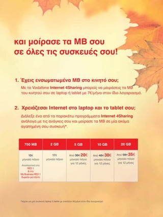 και µοίρασε τα MB σου
σε όλες τις συσκευές σου!

1. Έχεις ενσωµατωµένα MB στο κινητό σου;
Με το Vodafone Internet 4Sharing µπορείς να µοιράσεις τα ΜΒ
του κινητού σου σε laptop ή tablet µε 7€/µήνα στον ίδιο λογαριασµό.

2. Χρειάζεσαι Internet στο laptop και το tablet σου;
∆ιάλεξε ένα από τα παρακάτω προγράµµατα Internet 4Sharing
ανάλογα µε τις ανάγκες σου και µοίρασε τα MB σε µία ακόµα
αγαπηµένη σου συσκευή*.

750 MB

2 GB

5 GB

10 GB

20 GB

10€

17€

µηνιαίο πάγιο

µηνιαίο πάγιο

Από 30€ 20€
µηνιαίο πάγιο
για 12 µήνες

Από 40€ 30€
µηνιαίο πάγιο
για 12 µήνες

Από 50€ 35€
µηνιαίο πάγιο
για 12 µήνες

Αποκλειστικά στο
RED 1
 στο
Μy Business RED 1
δωρεάν για πάντα

*Ισχύει για µία συσκευή laptop ή tablet µε επιπλέον 5€/µήνα στον ίδιο λογαριασµό

 