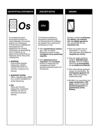 ΛΕΙΤΟΥΡΓΙΚΑ ΣΥΣΤΗΜΑΤΑ

Os
Τα smartphone έχουν
λειτουργικό σύστηµα το
οποίο καθορίζει την ευκολία
χρήσης του τηλεφώνου,
τη δυνατότητα αναβάθµισης
προγραµµάτων και
εφαρµογών,την ευκολία
πλοήγησης και downloading
από το Internet και τη
χρήση social networking, µε
παρόµοιο τρόπο όπως ένας
υπολογιστής.
• ANDROID
Εκατοντάδες δωρεάν
εφαρµογές, πλήρης
παραµετροποίηση του
interface, πλοήγηση στο
Internet.
• WINDOWS PHONE
Office, παιχνίδια µέσω XBOX
Live, εύκολη πρόσβαση σε
social networking.
• IOS
Πάνω από 700.000
εφαρµογές, πανεύκολο
interface, µία από τις
καλύτερες εµπειρίες
Internet.

EΠΕΞΕΡΓΑΣΤΗΣ

ΟΘΟΝΗ

CPU

Τα Smartphone διαθέτουν
σύγχρονους επεξεργαστές
που προσεγγίζουν σε επιδόσεις
και γραφικά τους υπολογιστές
προηγούµενων ετών.

Επιλέξτε µε βάση τη διάσταση
της οθόνης, την ανάλυσή
της, τον αριθµό χρωµάτων
που υποστηρίζει και την
τεχνολογία της.

• Όσο περισσότερους πυρήνες
έχει, τόσο πιο πολλές
διεργασίες µπορεί να κάνει
ταυτόχρονα και µε µεγαλύτερη
ταχύτητα.

• Όσο πιο µεγάλη είναι σε
διαστάσεις, 4’’ και άνω,
τόσο καλύτερα απολαµβάνετε
παιχνίδια και ταινίες.

• Όσο υψηλότερη είναι η
συχνότητα τόσο πιο άµεσα
εκτελεί τις εφαρµογές και
προσφέρει µια οµαλή
εµπειρία πλοήγησης µέσα στο
λειτουργικό.

• Όσο πιο υψηλή ανάλυση
διαθέτει, 800x480 pixels
και άνω, τόσο πιο καθαρά
φαίνονται οι φωτογραφίες
και οι σελίδες στο Internet.
• Όσο περισσότερα χρώµατα
µπορεί να αναπαράγει, 16
εκατοµµύρια χρώµατα και
άνω, τόσο πιο ζωντανές
απεικονίσεις έχει.
• Με βάση την τεχνολογία της,
super amoled plus ή IPS
panel, µπορεί να έχει πιο
ρεαλιστικά χρώµατα και
µεγαλύτερες γωνίες
θέασης.

 
