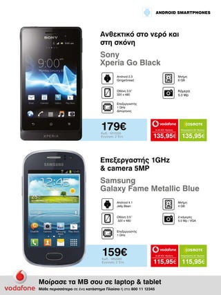 ANDROID SMARTPHONES

Aνθεκτικό στο νερό και
στη σκόνη

Sony
Xperia Go Black
Android 2.3
Gingerbread

Μνήμη
8 GB

Οθόνη 3.5“
320 x 480

Kάμερα
5.0 Mp

Επεξεργαστής
1 GHz
Διπύρηνος

179€
Κωδ.: 1810235
Εγγύηση: 2 Έτη

to all 400 18μήνες

Απεριόριστα 35 18μήνες

135,95€ 135,95€

Επεξεργαστής 1GHz
& camera 5MP

Samsung
Galaxy Fame Metallic Blue
Android 4.1
Jelly Bean

Μνήμη
4 GΒ

Οθόνη 3.5’’
320 x 480

2 κάμερες
5.0 Mp / VGA

Επεξεργαστής
1 GHz

159€
Κωδ.: 1952862
Εγγύηση: 2 Έτη

to all 400 18μήνες

Απεριόριστα 35 18μήνες

115,95€ 115,95€

Μοίρασε τα ΜΒ σου σε laptop & tablet
Μάθε περισσότερα σε ένα κατάστημα Πλαίσιο ή στο 800 11 12345

 