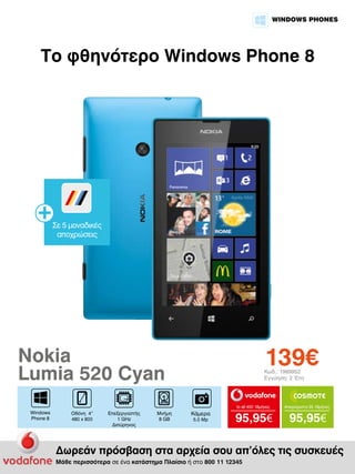 WINDOWS PHONES

To φθηνότερο Windows Phone 8

Σε 5 μοναδικές
αποχρώσεις

139€

Nokia
Lumia 520 Cyan

Κωδ.: 1989952
Εγγύηση: 2 Έτη

to all 400 18μήνες

Windows
Phone 8

Οθόνη 4”
480 x 800

Επεξεργαστής
1 GHz
Διπύρηνος

Μνήμη
8 GΒ

Kάμερα
5.0 Mp

Απεριόριστα 35 18μήνες

95,95€

95,95€

Δωρεάν πρόσβαση στα αρχεία σου απ’όλες τις συσκευές
Μάθε περισσότερα σε ένα κατάστημα Πλαίσιο ή στο 800 11 12345

 