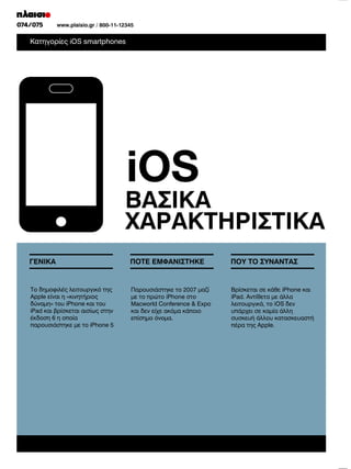 074/075
048/049

www.plaisio.gr
www.plaisio.gr/ 800-11-12345

iOS
Το δηµοφιλές λειτουργικό της
Apple είναι η «κινητήριος
δύναµη» του iPhone και του
iPad και βρίσκεται αισίως στην
έκδοση 6 η οποία
παρουσιάστηκε µε το iPhone 5

Παρουσιάστηκε το 2007 µαζί
µε το πρώτο iPhone στο
Macworld Conference  Expo
και δεν είχε ακόµα κάποιο
επίσηµο όνοµα.

Βρίσκεται σε κάθε iPhone και
iPad. Αντίθετα µε άλλα
λειτουργικά, το iOS δεν
υπάρχει σε καµία άλλη
συσκευή άλλου κατασκευαστή
πέρα της Apple.

 