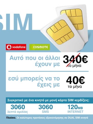 SIM
Αυτό που οι άλλοι
έχουν με

340€

εσύ μπορείς να το
έχεις με

40€

το μήνα

το μήνα

Συγκριτικά με ένα κινητό με μονή κάρτα SIM κερδίζεις:

3060

λεπτά ομιλίας

3060
SMS

120MB

INTERNET

Πλαίσιο. Οι καλύτερες προτάσεις εξοικονόμησης σε DUAL SIM κινητά

 