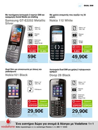 DUAL SIM

Με ταυτόχρονη λειτουργία 2 καρτών SIM και
εφαρμογές Social Media για chatting

Με χρόνο αναμονής που αγγίζει τις 35
μέρες

Samsung GT-E2252 Metallic
Silver

Nokia 112 White

Οθόνη 2’’
128 x 160

Οθόνη 1.8’’
128 x 160

Κάμερα
VGA

Κάμερα
VGA

Eπέκταση
Μνήμης
Μέχρι 32 GB

Μνήμη
16 MB

to all 400 18 μήνες

Απεριόριστα 35 18μηνο

to all 400 18 μήνες

15,95€

15,95€

6,85€

59€

Απεριόριστα 35 18μηνο

6,85€

49,90€

Κωδ.: 1822071
Εγγύηση: 2 Έτη

Κωδ.: 1811681
Εγγύηση: 2 Έτη

Dual Sim για επικοινωνία με όλους και
ραδιόφωνο

Λειτουργία Dual SIM για χρήση 2 τηλεφωνικών
αριθμών

Nokia101 Black

Doop 28 Black
Οθόνη 1.8’’
128 x 160

Οθόνη 1.77“
176 x 220

Ραδιόφωνο

Κάμερα
VGA
Eπέκταση
Μνήμης
Μέχρι 4 Gb

to all 400 18 μήνες

Απεριόριστα 35 18μηνο

ΔΩΡΕΑΝ ΔΩΡΕΑΝ

29,90€
Κωδ.: 1693336
Εγγύηση: 2 Έτη

to all 400 18 μήνες

Απεριόριστα 35 18μηνο

ΔΩΡΕΑΝ

ΔΩΡΕΑΝ

29,90€
Κωδ.: 1876473
Εγγύηση: 2 Έτη

Ένα εισιτήριο δώρο για σινεμά  θέατρο με Vodafone 1+1
Μάθε περισσότερα σε ένα κατάστημα Πλαίσιο ή στο 800 11 12345

 