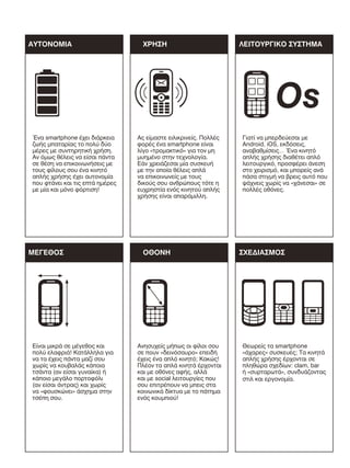 ΑΥΤΟΝΟΜΙΑ

ΧΡΗΣΗ

ΛΕΙΤΟΥΡΓΙΚΟ ΣΥΣΤΗΜΑ

Os
Ένα smartphone έχει διάρκεια
ζωής µπαταρίας το πολύ δύο
µέρες µε συντηρητική χρήση.
Αν όµως θέλεις να είσαι πάντα
σε θέση να επικοινωνήσεις µε
τους φίλους σου ένα κινητό
απλής χρήσης έχει αυτονοµία
που φτάνει και τις επτά ηµέρες
µε µία και µόνο φόρτιση!

ΜΕΓΕΘΟΣ

Είναι µικρά σε µέγεθος και
πολύ ελαφριά! Κατάλληλα για
να τα έχεις πάντα µαζί σου
χωρίς να κουβαλάς κάποια
τσάντα (αν είσαι γυναίκα) ή
κάποιο µεγάλο πορτοφόλι
(αν είσαι άντρας) και χωρίς
να «φουσκώνει» άσχηµα στην
τσέπη σου.

Ας είµαστε ειλικρινείς. Πολλές
φορές ένα smartphone είναι
λίγο «τροµακτικό» για τον µη
µυηµένο στην τεχνολογία.
Εάν χρειάζεσαι µία συσκευή
µε την οποία θέλεις απλά
να επικοινωνείς µε τους
δικούς σου ανθρώπους τότε η
ευχρηστία ενός κινητού απλής
χρήσης είναι απαράµιλλη.

ΟΘΟΝΗ

Ανησυχείς µήπως οι φίλοι σου
σε πουν «δεινόσαυρο» επειδή
έχεις ένα απλό κινητό; Κακώς!
Πλέον τα απλά κινητά έρχονται
και µε οθόνες αφής, αλλά
και µε social λειτουργίες που
σου επιτρέπουν να µπεις στα
κοινωνικά δίκτυα µε το πάτηµα
ενός κουµπιού!

Γιατί να µπερδεύεσαι µε
Android, iOS, εκδόσεις,
αναβαθµίσεις… Ένα κινητό
απλής χρήσης διαθέτει απλό
λειτουργικό, προσφέρει άνεση
στο χειρισµό, και µπορείς ανά
πάσα στιγµή να βρεις αυτό που
ψάχνεις χωρίς να «χάνεσαι» σε
πολλές οθόνες.

ΣΧΕ∆ΙΑΣΜΟΣ

Θεωρείς τα smartphone
«άχαρες» συσκευές; Τα κινητά
απλής χρήσης έρχονται σε
πληθώρα σχεδίων: clam, bar
ή «συρταρωτά», συνδυάζοντας
στιλ και εργονοµία.

 