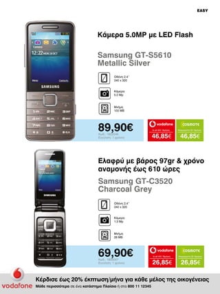 EASY

Κάμερα 5.0MP με LED Flash

Samsung GT-S5610
Metallic Silver
Οθόνη 2.4’’
240 x 320
Κάμερα
5.0 Mp

Μνήμη
100 MB

89,90€
Κωδ.: 1922246
Εγγύηση: 1 χρόνος

to all 400 18μήνες

Απεριόριστα 35 18μήνες

46,85€

46,85€

Ελαφρύ με βάρος 97gr  χρόνο
αναμονής έως 610 ώρες

Samsung GT-C3520
Charcoal Grey
Οθόνη 2.4’’
240 x 320
Κάμερα
1.3 Mp

Μνήμη
28 MB

69,90€
Κωδ.: 1833057
Εγγύηση: 1 χρόνος

to all 400 18μήνες

Απεριόριστα 35 18μήνες

26,85€

26,85€

Κέρδισε έως 20% έκπτωση/μήνα για κάθε μέλος της οικογένειας
Μάθε περισσότερα σε ένα κατάστημα Πλαίσιο ή στο 800 11 12345

 