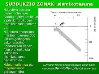 SUBDUKZIO ZONAK: sismikotasuna
Litosfera zurruna
denez, tolestean
zartatu egiten da; fokua
azaletik hurbil duen
sismikotasuna sortzen
da.
Litosfera ozeanikoa
mantuan barrena 600
km eta gehiagoko
sakoneraraino
hondoratzen denez,
foku ertaineko eta
sakoneko
sismikotasuna
gertatzen da.
Metamorfismoa eta
magmatismoa
gertatzen dira

Lurrikaren fokuak elkarrekin lotzen dituen plano
makurtuari Bennioffen

planoa esaten zaio

 
