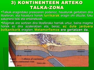 3) KONTINENTEEN ARTEKO
TALKA-ZONA

Talkak eragindako presioaren poderioz, hausturak gertatzen dira
litosferan, eta haustura horiek lurrikarak eragin ohi dituzte; foku
sakonera txiki eta ertainekoak.
Magmak ere sortzen dira litosferako harriak urtuz, baina magma
horiek ez dira azaleratzen eta, beraz, ez dute jarduera
bolkanikorik eragiten. Metamorfismoa ere gertatzen da.

 