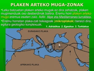 PLAKEN ARTEKO MUGA-ZONAK
Leku batzuetan plaken arteko mugak ez dira zehatzak, plaken
mugimenduak oso desberdinak baitira. Eremu honi plaken arteko
muga eremua esaten zaio. Adib: Alpe eta Mediterraneo lurraldea.
Eremu horretan plaka-zati txikiagoak (mikroplakak) bereizi dira,
egitura geologiko konplexuak.
1. Adriatikoa 2. Egeokoa 3. Turkiakoa

 