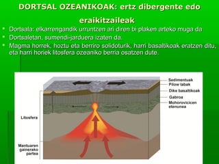 DORTSAL OZEANIKOAK: ertz dibergente edo
eraikitzaileak





Dortsala: elkarrengandik urruntzen ari diren bi plaken arteko muga da
Dortsaletan, sumendi-jarduera izaten da.
Magma horrek, hoztu eta berriro solidoturik, harri basaltikoak eratzen ditu,
eta harri horiek litosfera ozeaniko berria osatzen dute.

 