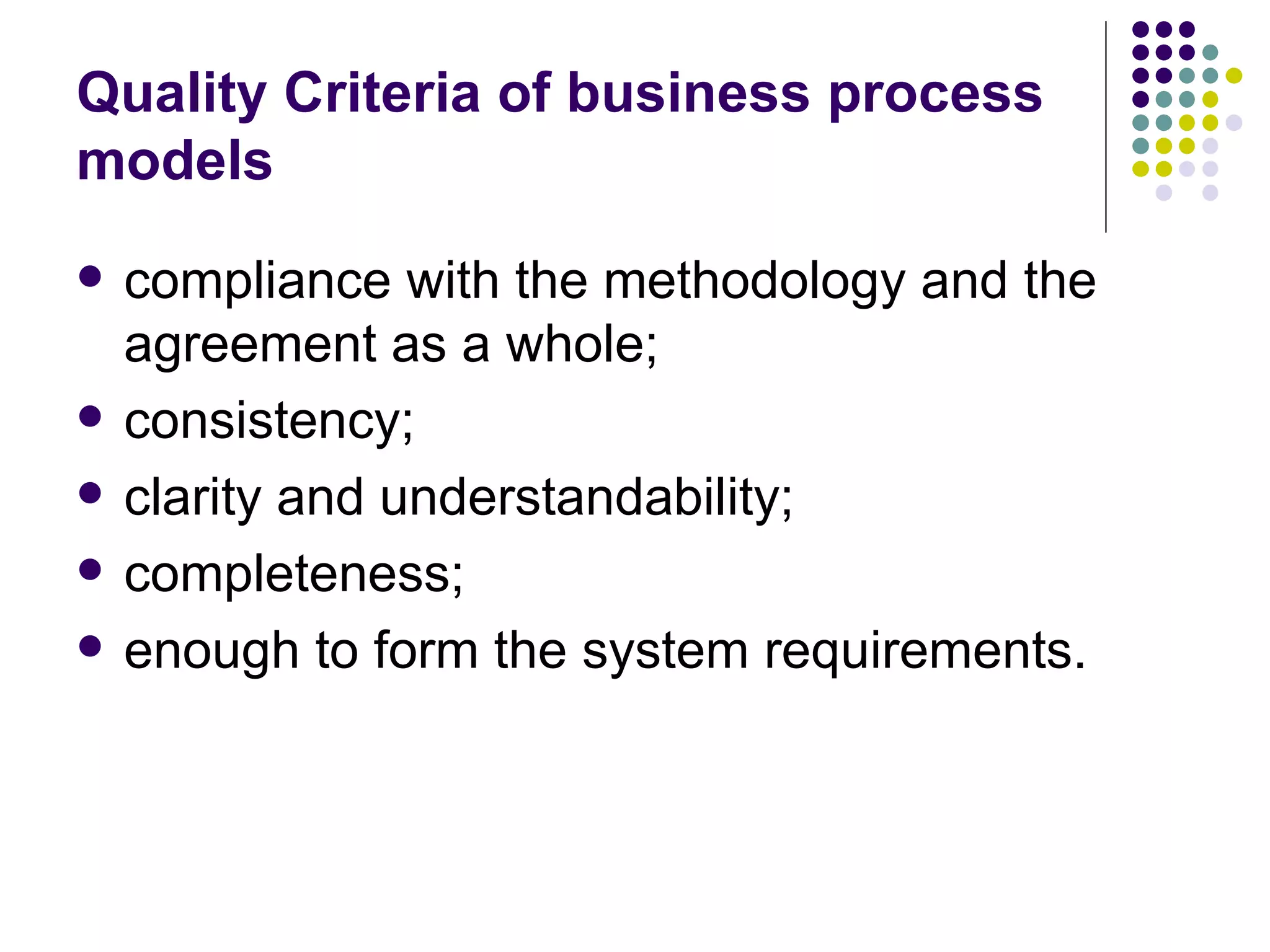 Quality Criteria of business process models compliance with the methodology and the agreement as a whole; consistency; clarity and understandability; completeness; enough to form the system requirements. 