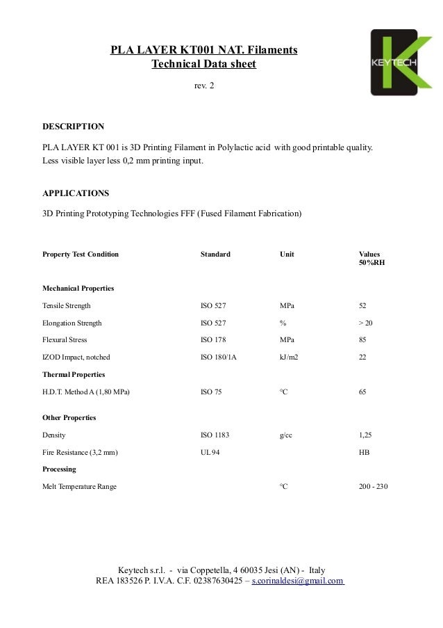 Pla layer kt 001 3 d printing filaments data sheet
