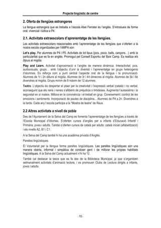 Projecte lingüístic de centre
- 10 -
2. Oferta de llengües estrangeres
La llengua estrangera que es treballa a l’escola Abel Ferrater és l’anglès. S’introdueix de forma
oral, vivencial i lúdica a P4.
2.1. Activitats extraescolars d’aprenentatge de les llengües.
Les activitats extraescolars relacionades amb l’aprenentatge de les llengües que s’oferten a la
nostra escola organitzades per l’AMPA són:
Let’s play. Per alumnes de P4 i P5. Activitats de tot tipus (jocs, psico, balls, cançons…) amb la
particularitat que es fa en anglès. Promogut pel Consell Esportiu del Baix Camp. Es realitza els
dijous al migdia.
Play and Learn. Activitat d’aproximació a l’anglès de manera dinàmica. Interactivitat, jocs,
audiovisuals, grups… amb l’objectiu d’unir la diversió i l’aprenentatge en grups heterogenis
d’alumnes. Es reforça com a punt central l’aspecte oral de la llengua i la pronunciació.
Alumnes de 1r i 2n dilluns al migdia. Alumnes de 3r i 4rt dimecres al migdia. Alumnes de 5è i 6è
divendres al migdia. Grups mínim de 8 màxim de 12 alumnes.
Teatre. L’objectiu és despertar el plaer per la creativitat i l’expressió verbal (català) i no verbal,
aconseguint que els nens i nenes s’alliberin de prejudicis o timideses. Augmenta l’autoestima i la
seguretat en sí mateix. Millora en la convivència i el treball en grup. Coneixement i control de les
emocions i sentiments. Incorporació de pautes de disciplina... Alumnes de P4 a 2n. Divendres a
la tarda. Cada any l’escola participa a la “Mostra de teatre” de Reus.
2.2 Altres activitats a nivell de poble
Des de l’Ajuntament de la Selva del Camp es fomenta l’aprenentatge de les llengües a través de
l’Escola Municipal d’Idiomes. S’oferten cursos d’anglès per a infants d’Educació Infantil i
Primària, joves i adults. També s’oferten cursos de català per adults: català inicial (alfabetització)
i els nivells A2, B1 i C1.
A la Selva del Camp també hi ha una acadèmia privada d’Anglès.
Parelles lingüístiques
El Voluntariat per la llengua forma parelles lingüístiques. Les parelles lingüístiques són una
manera oberta, informal i simpàtica de conèixer gent i de millorar les pròpies habilitats
lingüístiques. A la Selva del Camp actualment n’hi ha 12.
També cal destacar la tasca que es fa des de la Biblioteca Municipal, ja que s’organitzen
setmanalment activitats d’animació lectora, i es promouen Clubs de Lectura dirigits a infants,
joves i adults.
 