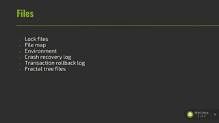 Files
- Lock files
- File map
- Environment
- Crash recovery log
- Transaction rollback log
- Fractal tree files
26
 
