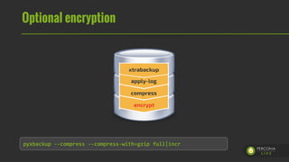 Optional encryption
xtrabackup
apply-log
compress
encrypt
pyxbackup --compress --compress-with=gzip full|incr
 