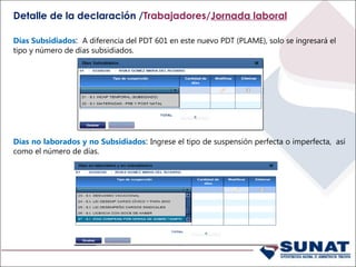 Detalle de la declaración /Trabajadores/Jornada laboral
Días Subsidiados: A diferencia del PDT 601 en este nuevo PDT (PLAME), solo se ingresará el
tipo y número de días subsidiados.
Días no laborados y no Subsidiados: Ingrese el tipo de suspensión perfecta o imperfecta, así
como el número de días.
 