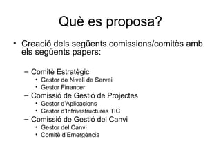 Què es proposa? Creació dels següents comissions/comitès amb els següents papers: Comitè Estratègic Gestor de Nivell de Servei Gestor Financer Comissió de Gestió de Projectes Gestor d’Aplicacions Gestor d’Infraestructures TIC Comissió de Gestió del Canvi Gestor del Canvi Comitè d’Emergència 
