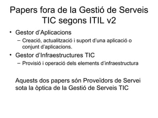 Papers fora de la Gestió de Serveis TIC segons ITIL v2 Gestor d’Aplicacions Creació, actualització i suport d’una aplicació o conjunt d’aplicacions. Gestor d’Infraestructures TIC Provisió i operació dels elements d’infraestructura Aquests dos papers són Proveïdors de Servei sota la òptica de la Gestió de Serveis TIC 