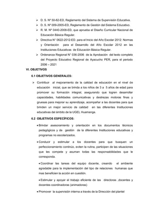  D. S. Nº 50-82-ED, Reglamento del Sistema de Supervisión Educativa.
 D. S. Nº 009-2005-ED, Reglamento de Gestión del Sistema Educativo.
 R. M. Nº 0440-2008-ED, que aprueba el Diseño Curricular Nacional de
Educación Básica Regular.
 Directiva N° 0622-2012-ED. para el Inicio del Año Escolar 2012: Normas
y Orientación

para el Desarrollo del Año Escolar 2012 en las

Instituciones Educativas de Educación Básica Regular.
 Ordenanza Regional N° 036-2006 de la Aprobación del texto completo
del Proyecto Educativo Regional de Ayacucho PER, para el periodo
2006 – 2021
VI. OBJETIVOS
6.1 OBJETIVOS GENERALES:
 Contribuir

al mejoramiento de la calidad de educación en el nivel de

educación

inicial, que se brinda a los niños de 3 a 5 años de edad para

promover su formación integral, asegurando que logren desarrollar
capacidades, habilidades comunicativas y destrezas motoras finas y
gruesas para mejorar su aprendizaje, acompañar a las docentes para que
brinden un mejor servicio de calidad

en las diferentes Instituciones

educativas del ámbito de la UGEL Huamanga.
6.2 OBJETIVOS ESPECÍFICOS:
Brindar asesoramiento y orientación en los documentos técnicos
pedagógicos y de gestión de la diferentes Instituciones educativas y
programas no escolarizados.
Conducir

y

estimular

a

los

docentes

para

que

busquen

un

perfeccionamiento continúo, eviten la rutina, participen de las situaciones
que les compete y asuman todas las responsabilidades que le
corresponda.
Coordinar las tareas del equipo docente, creando

el ambiente

agradable para la implementación del tipo de relaciones humanas que
mas beneficien la acción en cuestión.
Estimular y apoyar el trabajo eficiente de las

directoras ,docentes y

docentes coordinadoras (animadoras)
Promover la supervisión interna a través de la Dirección del plantel

 