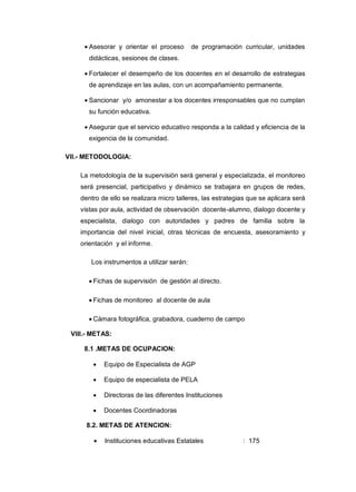 Asesorar y orientar el proceso

de programación curricular, unidades

didácticas, sesiones de clases.
Fortalecer el desempeño de los docentes en el desarrollo de estrategias
de aprendizaje en las aulas, con un acompañamiento permanente.
Sancionar y/o amonestar a los docentes irresponsables que no cumplan
su función educativa.
Asegurar que el servicio educativo responda a la calidad y eficiencia de la
exigencia de la comunidad.
VII.- METODOLOGIA:
La metodología de la supervisión será general y especializada, el monitoreo
será presencial, participativo y dinámico se trabajara en grupos de redes,
dentro de ello se realizara micro talleres, las estrategias que se aplicara será
vistas por aula, actividad de observación docente-alumno, dialogo docente y
especialista, dialogo con autoridades y padres de familia sobre la
importancia del nivel inicial, otras técnicas de encuesta, asesoramiento y
orientación y el informe.
Los instrumentos a utilizar serán:
Fichas de supervisión de gestión al directo.
Fichas de monitoreo al docente de aula
Cámara fotográfica, grabadora, cuaderno de campo
VIII.- METAS:
8.1 .METAS DE OCUPACION:
Equipo de Especialista de AGP
Equipo de especialista de PELA
Directoras de las diferentes Instituciones
Docentes Coordinadoras
8.2. METAS DE ATENCION:
Instituciones educativas Estatales

: 175

 