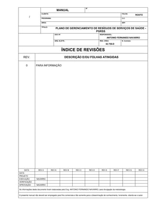 N°
                                             MANUAL
                          CLIENTE:                                                                                       FOLHA:
                                                                                                                                        ROSTO
            /             PROGRAMA:                                                                                      C.C:

                          ÁREA:                                                                                          SEP:

                          TÍTULO:
                                          PLANO DE GERENCIAMENTO DE RESÍDUOS DE SERVIÇOS DE SAÚDE -
                                                                  PGRSS
                                         DOC Nº:                                              RESPONSÁVEL:

                                                                                                       ANTONIO FERNANDO NAVARRO
                                         ARQ. ELETR.:                                         REG. CREA:                 N. Contrato:

                                                                                                     42.758-D


                                                   ÍNDICE DE REVISÕES
    REV.                                             DESCRIÇÃO E/OU FOLHAS ATINGIDAS

       0           PARA INFORMAÇÃO




     DATA             REV.0          REV.A          REV.B         REV.C            REV.D         REV.E         REV.F            REV.G       REV.H
DATA
PROJETO
EXECUÇÃO            NAVARRO
VERIFICAÇÃO
APROVAÇÃO           NAVARRO

As informações deste documento foram elaboradas pelo Eng. ANTONIO FERNANDO NAVARRO, para divulgação da metodologia.


A presente manual não deverá ser empregado para fins comerciais e tão somente para a disseminação de conhecimento, livremente, citando-se o autor.
 