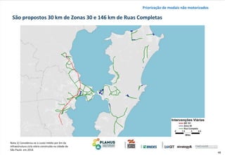 48
Nota 1) Considerou-se o custo médio por km da
infraestrutura ciclo viária construída na cidade de
São Paulo em 2014.
São propostos 30 km de Zonas 30 e 146 km de Ruas Completas
Priorização de modais não motorizados
 