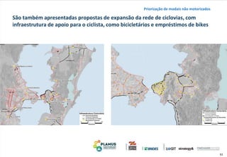 53
São também apresentadas propostas de expansão da rede de ciclovias, com
infraestrutura de apoio para o ciclista, como bicicletários e empréstimos de bikes
Priorização de modais não motorizados
 