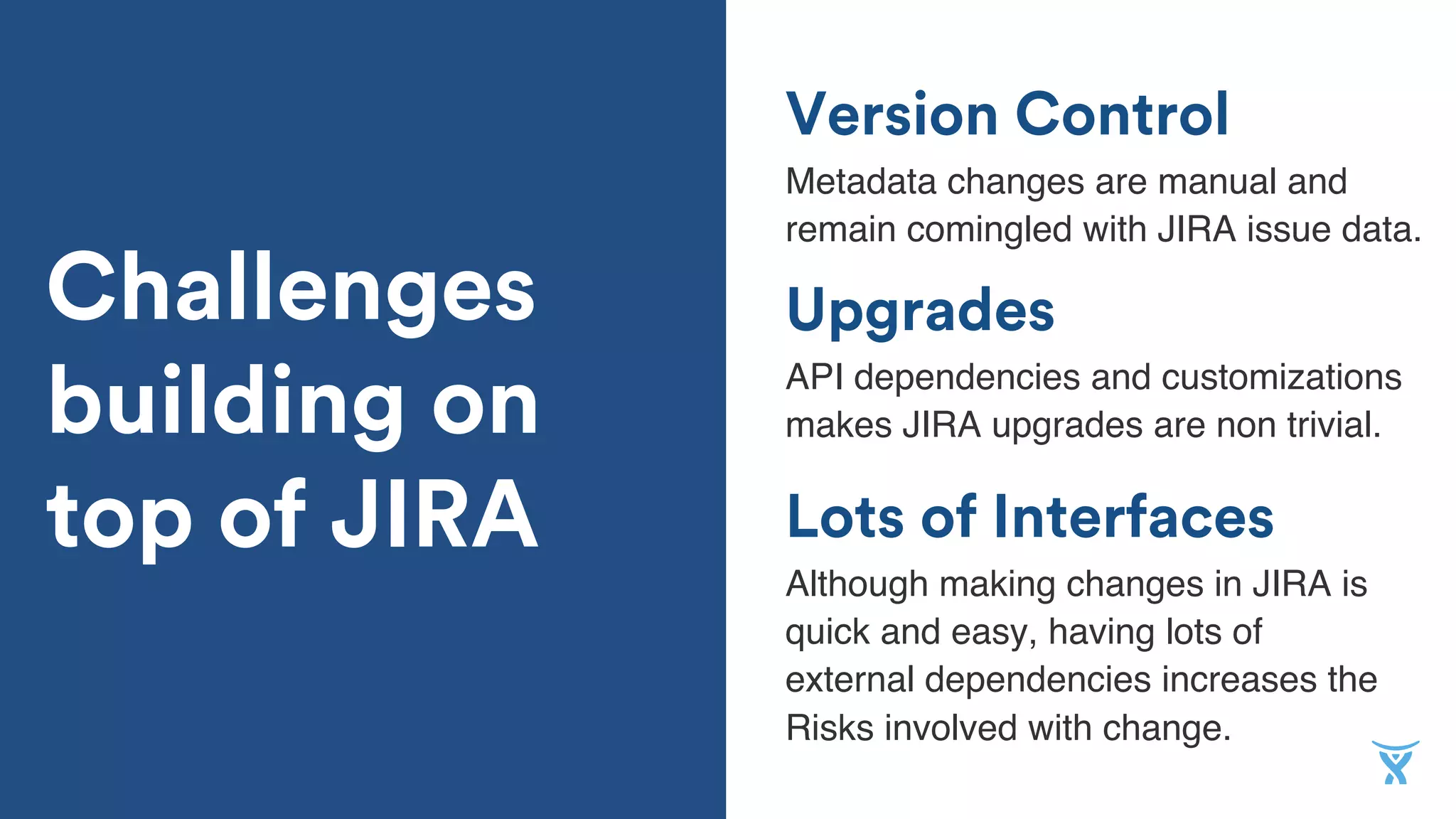 Lots of Interfaces
Although making changes in JIRA is
quick and easy, having lots of
external dependencies increases the
Risks involved with change.
Upgrades
Version Control
API dependencies and customizations
makes JIRA upgrades are non trivial.
Metadata changes are manual and
remain comingled with JIRA issue data.
Challenges
building on
top of JIRA
 