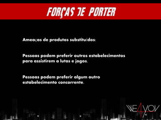 Ameaças de produtos substituídos:


Pessoas podem preferir outros estabelecimentos
para assistirem a lutas e jogos.


Pessoas podem preferir algum outro
estabelecimento concorrente.
 