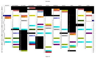 Calendario



             AGOSTO    SEPTIEMBRE       OCTUBRE        NOVIEMBRE        DICIEMBRE        ENERO          FEBRERO          MARZO            ABRIL           MAYO            JUNIO             JUL
L        1
M        2                                              1 PUBLICIDAD                                                                                    1
Mi       3                                              2                                               1 RINCON                                        2 PUBLICIDAD
J        4              1 PUBLICIDAD                    3               1 PUBLICIDAD                    2 PUBLICIDAD    1 CARRETÓN                      3
V        5              2                               4               2 CAFE CIENT                    3               2 PUBLICIDAD                    4               1 RINCON
S    6                  3               1               5               3                               4               3                               5               2
D    7                  4               2               6               4               1               5               4               1               6               3               1
L       8               5 CARRETÓN      3 PUBLICIDAD    7 CARRETÓN      5               2               6               5               2               7 CARRETÓN      4 PUBLICIDAD    2
M       9 PUBLICIDAD    6               4 RINCON        8               6 RINCON        3               7               6               3               8               5               3
Mi    10 RINCON         7               5               9               7               4               8 MUSEO         7               4               9               6               4
J     11                8               6              10               8               5               9               8               5              10               7               5
V     12                9               7 TURISTICA    11               9               6              10               9               6              11 MAPA          8               6
S    13                10               8              12              10               7              11              10               7              12               9               7
D    14                11               9              13              11               8              12              11               8              13              10               8
L     15               12              10              14              12 2CONC         9 CARRETÓN     13              12               9              14              11               9
M     16               13              11              15 CIRCULO      13              10 PUBLICIDAD   14              13              10              15              12              10
Mi    17               14              12              16              14 CIRCULO      11              15 CIRCULO      14              11              16              13              11
J     18               15 CIRCULO      13              17              15              12 TURISTICA    16              15              12              17              14              12
V     19               16              14 CIRCULO      18 MAPA         16 CAFE LITE    13              17 TURISTICA    16 CIRCULO      13              18 CIRCULO      15 CIRCULO      13
S    20                17              15              19              17              14              18              17              14              19              16              14
D    21                18              16              20              18              15              19              18              15              20              17              15
L     22               19 MUSEO        17              21              19 CIRCULO      16 CIRCULO      20              19              16 PUBLICIDAD   21              18 5CONC        16
M     23               20              18              22              20              17              21              20              17 RINCON       22              19              17
Mi    24               21              19              23 MUSEO        21              18              22              21 TURISTICA    18              23              20              18
J     25               22              20              24              22              19              23              22              19              24              21              19
V     26 CUENTACU      23 MAPA         21              25              23              20              24 CUENTACU     23              20              25 CUENTACU     22              20
S    27                24              22              26              24              21              25              24              21              26              23              21
D    28                25              23              27              25              22              26              25              22              27              24              22
L     29 CIRCULO       26 CIRCULO      24              28 CIRCULO      26              23              27 CIRCULO      26              23 4CONC        28 CIRCULO      25 CIRCULO      23
M     30               27              25              29 FIL          27              24              28              27              24              29              26              24
Mi    31               28 1CONC        26              30 CINE         28              25              29 3CONC        28 CUENTACU     25              30              27              25
J                      29              27                              29              26                              29              26 CIRCULO      31              28              26
V                      30 CUENTACU     28                              30              27 CUENTACU                     30 CIRCULO      27 CUENTACU                     29 CUENTACU     27
S                                      29                              31              28                              31              28                              30              28
D                                      30                                              29                                              29                                              29
L                                      31 CUENTACU                                     30 CIRCULO                                      30                                              30
M                                                                                      31 CINE                                                                                         31



                                                                                         Página 15
 