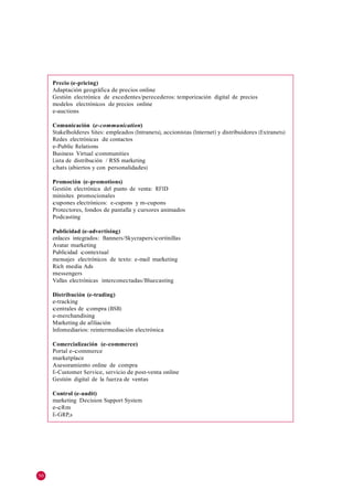 Precio (e-pricing)
     Adaptación geográfica de precios online
     Gestión electrónica de excedentes/perecederos: temporización digital de precios
     modelos electrónicos de precios online
     e-auctions

     Comunicación (e-communication)
     Stakelholderes Sites: empleados (Intranets), accionistas (Internet) y distribuidores (Extranets)
     Redes electrónicas de contactos
     e-Public Relations
     Business Virtual communities
     Lista de distribución / RSS marketing
     chats (abiertos y con personalidades)

     Promoción (e-promotions)
     Gestión electrónica del punto de venta: RFID
     minisites promocionales
     cupones electrónicos: e-cupons y m-cupons
     Protectores, fondos de pantalla y cursores animados
     Podcasting

     Publicidad (e-advertising)
     enlaces integrados: Banners/Skycrapers/cortinillas
     Avatar marketing
     Publicidad contextual
     mensajes electrónicos de texto: e-mail marketing
     Rich media Ads
     messengers
     Vallas electrónicas interconectadas/Bluecasting

     Distribución (e-trading)
     e-tracking
     centrales de compra (BSB)
     e-merchandising
     Marketing de afiliación
     Infomediarios: reintermediación electrónica

     Comercialización (e-commerce)
     Portal e-commerce
     marketplace
     Asesoramiento online de compra
     E-Customer Service, servicio de post-venta online
     Gestión digital de la fuerza de ventas

     Control (e-audit)
     marketing Decision Support System
     e-cRm
     E-GRP,s




50
 