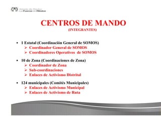 CENTROS DE MANDO
                            (INTEGRANTES)


• 1 Estatal (Coordinación General de SOMOS)
     Coordinador...