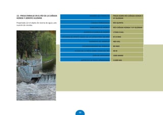 13.- PRESA EMBALSE EN EL RÍO DE LA CAÑADA                                         NOMBRE DEL PROYECTO     PRESA SOBRE RÍO CAÑADA HONDA Y
HONDA Y ARROYO GUZMÁN                                                                                     Aº GUZMAN

Proyectada con el objeto de reserva de agua y ate-                                 CUENCA HIDROLÓGICA     RÍO QUINTO
nuación de crecidas.
                                                                                  SUBCUENCA DE APORTE     RÍO CAÑADA HONDA Y Aº GUZMAN

                                                                            SUPERFICIE CUENCA DE APORTE   17560.9 HAS.

                                                     VOLUMEN DE APORTE ANUAL DE LA CUENCA PARA 500 MM     87.8 HM3

                                                                                 SUPERFICIE DEL EMBALSE   483 HAS.

                                                                           VOLUMEN MAXIMO DEL EMBALSE     80 HM3

                                                                 ALTURA DE LA PRESA SOBRE LECHO DEL RÍO   40 M

                                                                                     COTA DE VERTEDERO    1090 SNMM

                                                                        SUPERFICIE DE RIEGO APROXIMADA    11200 HAS




                                                                      48
 