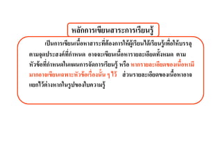 หลักการเขียนสาระการเรียนรู้
        เป็ นการเขียนเนือหาสาระทีต้ องการให้ ผู้เรี ยนได้ เรียนรู้ เพือให้ บรรลุ
ตามจุดประสงค์ ทกําหนด อาจจะเขียนเนือหารายละเอียดทังหมด ตาม
                   ี
หัวข้ อทีกําหนดในแผนการจัดการเรียนรู้ หรือ หากรายละเอียดของเนือหามี
มากอาจเขียนเฉพาะหัวข้ อเรื องนัน ๆ ไว้ ส่ วนรายละเอียดของเนือหาอาจ
แยกไว้ ต่างหากในรูปของใบความรู้
 
