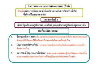 กิจกรรมเสนอแนะ/งานทีมอบหมาย (ถ้ ามี)
      ตัวอย่ าง เช่ น งานทีมอบหมายให้ นักเรียนนํามาในการเรียนครังต่ อไป
              ซึงต้ องมีใบมอบหมายงาน
                                        เอกสารอ้ างอิง
     เขียนให้ ถูกต้ องตามรูปแบบของการอ้ างอิงตามหลักสากลรู ปแบบใดรู ปแบบหนึง
                                บันทึกหลังการสอน
1.   ข้ อสรุปหลังการสอน ( เช่ น ผลการเรียนรู้ของนักเรียนผ่ านเกณฑ์ หรือไม่ สอนทันตามเวลาที
     กําหนดหรือไม่ ผลการใช้ สือเป็ นอย่ างไร ผลการจัดกิจกรรมเป็ นอย่ างไร)
2.   ปัญหาและอุปสรรคทีพบ ( เช่ น ผลการเรียนรู้ของนักเรียนไม่ ผ่านเกณฑ์ เป็ นจํานวนเท่ าไร
     เป็ นเพราะอะไร)
3.   แนวทางแก้ ปัญหาและ/หรือพัฒนา ( เช่ น แนวทางการพัฒนาผู้เรียนให้ มีผลการเรียนดีขึน
     แนวทางการพัฒนาคุณธรรม จริยธรรม ให้ กบผู้เรียนควรจัดกิจกรรมอะไรเสริม )
                                         ั
 