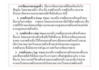 การเขียนภาพฉายมุมที 1 เป็ นการเขียนภาพฉายทีนิยมเขียนกันใน
ปั จจุบน โดยภาพฉายทัง 3 ด้าน คือ ภาพด้านหน้า ภาพด้านข้าง และภาพ
        ั
ด้านบน เกิดจากการมองภาพสามมิติ ซึ งมีหลักการ ดังนี
      1. ภาพด้ านหน้ า ( Front View) หมายถึง ภาพทีมองจากด้านหน้าของ
ชินงานในการเขียน ภาพฉาย โดยมองจากทางขวามือไปยังภาพชินงาน เป็ น
ภาพทีให้รายละเอียดมากทีสุ ด และขนาดความสู งของภาพด้านหน้าจะเท่ากับ
ความสู งของภาพด้านข้าง
     2. ภาพด้ านข้ าง ( Side View) หมายถึง ภาพทีมองจากทางด้านข้างของ
ชินงาน โดยมองจากทางด้านซ้ายมือไปยังชินงาน ซึ งในการเขียนแบบภาพ
ฉายจะวางภาพด้านข้างไว้ดานบนทางด้านขวามือของภาพด้านหน้า และจะ
                             ้
เห็นว่าขนาดความกว้างของภาพด้านข้างจะเท่ากับขนาดความสู งของ
ภาพด้านบน ซึ งเกิดจากการทํามุม 45 องศาในการเขียนภาพฉาย
    3. ภาพด้ านบน ( Top View) หมายถึง ภาพทีมองจากด้านบนของชินงาน
และเป็ นภาพทีทําให้เห็นความกว้าง ความยาว เส้นผ่าศูนย์กลางต่าง ๆ ของ
ชินงาน โดยวางภาพไว้ทางด้านล่างของภาพด้านหน้า และจะเห็นว่าขนาด
ความกว้างของภาพด้านบนจะเท่ากับขนาดความกว้างของภาพด้านหน้า
 