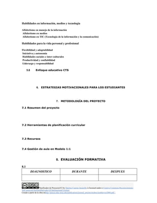 Habilidades en información, medios y tecnología 
Alfabetismo en manejo de la información 
Alfabetismo en medios 
Alfabetismo en TIC (Tecnología de la información y la comunicación) 
Habilidades para la vida personal y profesional 
Flexibilidad y adaptabilidad 
Iniciativa y autonomía 
Habilidades sociales e inter-culturales 
Productividad y confiabilidad 
Liderazgo y responsabilidad 
5.8 Enfoque educativo CTS 
6. ESTRATEGIAS MOTIVACIONALES PARA LOS ESTUDIANTES 
7. METODOLOGÍA DEL PROYECTO 
7.1 Resumen del proyecto 
7.2 Herramientas de planificación curricular 
7.3 Recursos 
7.4 Gestión de aula en Modelo 1:1 
8. EVALUACIÓN FORMATIVA 
DIAGNOSTICO DURANTE DESPUES 
Planificador de ProyectosV2 by Maritza Cuartas Jaramillo is licensed under a Creative Commons Reconocimiento- 
8.1 
NoComercial-SinObraDerivada 4.0 Internacional License. 
Creado a partir de la obra enhttp://punya.educ.msu.edu/publications/journal_articles/mishra-koehler-tcr2006.pdf... 
 