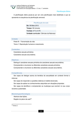 Instituto Politécnico de Santarém
Escola Superior de Educação
Licenciatura em Educação Básica – 3.º ano, 1.º semestre
11
Planificação Diária
A planificação diária pauta-se por ser uma planificação mais detalhada e que se
apresenta na sequência da planificação semanal.
Planificação da aula
De: 08.Maio.2012
Tempo: 90 minutos
Turmas: 6.ºC e 6.ºD
Unidade curricular: Ciências da Natureza
Unidade
Parte III – Transmissão da vida
Tema 1: Reprodução humana e crescimento
Conteúdos
Caracteres sexuais primários;
Caracteres sexuais secundários.
Objetivos
Distinguir caracteres sexuais primários de caracteres sexuais secundários;
Compreender e enumerar os diferentes caracteres sexuais primários;
Compreender e enumerar os diferentes caracteres sexuais secundários.
Competências
Ser capaz de dialogar acerca da temática da sexualidade em contexto formal e
informal;
Ser capaz de responder a questões relativas à matéria lecionada;
Ser capaz de aplicar os conhecimentos adquiridos em situações propostas;
Ser capaz de identificar e compreender as mudanças que ocorrem no seu corpo
durante a puberdade.
Metodologias/Estratégias
Abertura das lições;
Registo do plano de aula34
.
34
Anexo 2
 