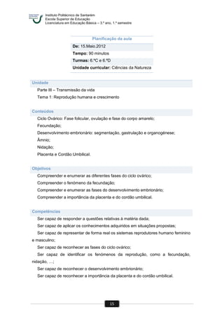 Instituto Politécnico de Santarém
Escola Superior de Educação
Licenciatura em Educação Básica – 3.º ano, 1.º semestre
15
Planificação da aula
De: 15.Maio.2012
Tempo: 90 minutos
Turmas: 6.ºC e 6.ºD
Unidade curricular: Ciências da Natureza
Unidade
Parte III – Transmissão da vida
Tema 1: Reprodução humana e crescimento
Conteúdos
Ciclo Ovárico: Fase folicular, ovulação e fase do corpo amarelo;
Fecundação;
Desenvolvimento embrionário: segmentação, gastrulação e organogénese;
Âmnio;
Nidação;
Placenta e Cordão Umbilical.
Objetivos
Compreender e enumerar as diferentes fases do ciclo ovárico;
Compreender o fenómeno da fecundação;
Compreender e enumerar as fases do desenvolvimento embrionário;
Compreender a importância da placenta e do cordão umbilical.
Competências
Ser capaz de responder a questões relativas à matéria dada;
Ser capaz de aplicar os conhecimentos adquiridos em situações propostas;
Ser capaz de representar de forma real os sistemas reprodutores humano feminino
e masculino;
Ser capaz de reconhecer as fases do ciclo ovárico;
Ser capaz de identificar os fenómenos da reprodução, como a fecundação,
nidação, …;
Ser capaz de reconhecer o desenvolvimento embrionário;
Ser capaz de reconhecer a importância da placenta e do cordão umbilical.
 