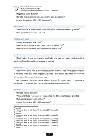 Instituto Politécnico de Santarém
Escola Superior de Educação
Licenciatura em Educação Básica – 3.º ano, 1.º semestre
19
Registo do plano de aula62
.
Revisão da aula anterior e encadeamento com a presente63
.
Leitura das páginas 176 e 177 do manual64
.
Atividades
Visionamento de vários vídeos reais acerca das diferentes fases da gravidez65
;
Diálogo acerca dos vários vídeos66
.
Trabalho de casa
Leitura das páginas 162 a 16567
.
Realização da atividade Para Descobrires da página 16468
.
Realização da atividade Para Pensares da página 16569
.
Avaliação
Observação directa do trabalho realizado em sala de aula, relativamente à
participação oral e escrita e empenho na mesma.
Reflexão
No decorrer desta aula os discentes revelaram interesse nos conteúdos abordados
e na forma como eles foram expostos, levando a que ambas as turmas tivessem um
comportamento adequado à sala de aula.
As questões colocadas pelos alunos acerca do tema foram constantes e
pertinentes, o que mais uma vez demonstrou interesse em aprender.
Sumário
Revisão da aula anterio70
r.
Visionamento de vários vídeos reais acerca das diferentes fases da gravidez71
;
Diálogo acerca dos vários vídeos72
.
Leitura das páginas 176 e 177 do manual73
.
62
Anexo 7
63
Inserido no plano de aula do dia 17 de maio de 2012 (Anexo 7)
64
Anexo 1
65
Anexo 8
66
Inserido no plano de aula do dia 17 de maio de 2012 (Anexo 7)
67
Anexo 1
68
Inserido no plano de aula do dia 17 de maio de 2012 (Anexo 7)
69
Inserido no plano de aula do dia 17 de maio de 2012 (Anexo 7)
70
Inserido no plano de aula do dia 17 de maio de 2012 (Anexo 7)
71
Anexo 8
72
Inserido no plano de aula do dia 17 de maio de 2012 (Anexo 7)
73
Anexo 1
 