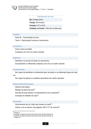 Instituto Politécnico de Santarém
Escola Superior de Educação
Licenciatura em Educação Básica – 3.º ano, 1.º semestre
20
Planificação da aula
De: 22.Maio.2012
Tempo: 90 minutos
Turmas: 6.ºC e 6.ºD
Unidade curricular: Ciências da Natureza
Unidade
Parte III – Transmissão da vida
Tema 1: Reprodução humana e crescimento
Conteúdos
Como nasce um bebé;
Cuidados a ter com um recém-nascido.
Objetivos
Identificar e enunciar as fases do nascimento;
Compreender os diferentes cuidados a ter com um recém-nascido.
Competências
Ser capaz de identificar os diferentes tipos de partos e as diferentes fases de cada
um;
Ser capaz de aplicar os cuidados aprendidos em recém-nascidos.
Metodologias/Estratégias
Abertura das lições.
Registo do plano de aula74
.
Revisão da aula anterior e encadeamento com a presente75
.
Correção do trabalho de casa76
.
Atividades
Visionamento de um vídeo que mostra um parto77
.
Leitura, com os alunos, das páginas 166 a 171 do manual78
.
74
Anexo 9
75
Inserido no plano de aula do dia 22 de maio de 2012 (Anexo 9)
76
Inserido no plano de aula do dia 22 de maio de 2012 (Anexo 9)
77
Anexo 10
 