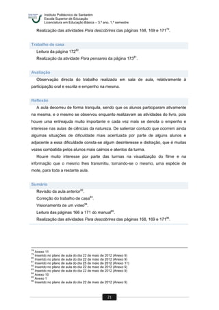 Instituto Politécnico de Santarém
Escola Superior de Educação
Licenciatura em Educação Básica – 3.º ano, 1.º semestre
21
Realização das atividades Para descobrires das páginas 168, 169 e 17179
.
Trabalho de casa
Leitura da página 17280
.
Realização da atividade Para pensares da página 17381
.
Avaliação
Observação directa do trabalho realizado em sala de aula, relativamente à
participação oral e escrita e empenho na mesma.
Reflexão
A aula decorreu de forma tranquila, sendo que os alunos participaram ativamente
na mesma, e o mesmo se observou enquanto realizavam as atividades do livro, pois
houve uma entreajuda muito importante e cada vez mais se denota o empenho e
interesse nas aulas de ciências da natureza. De salientar contudo que ocorrem ainda
algumas situações de dificuldade mais acentuada por parte de alguns alunos e
adjacente a essa dificuldade consta-se algum desinteresse e distração, que é muitas
vezes combatida pelos alunos mais calmos e atentos da turma.
Houve muito interesse por parte das turmas na visualização do filme e na
informação que o mesmo lhes transmitiu, tornando-se o mesmo, uma espécie de
mote, para toda a restante aula.
Sumário
Revisão da aula anterior82
.
Correção do trabalho de casa83
.
Visionamento de um vídeo84
.
Leitura das páginas 166 a 171 do manual85
.
Realização das atividades Para descobrires das páginas 168, 169 e 17186
.
78
Anexo 11
79
Inserido no plano de aula do dia 22 de maio de 2012 (Anexo 9)
80
Inserido no plano de aula do dia 22 de maio de 2012 (Anexo 9)
81
Inserido no plano de aula do dia 25 de maio de 2012 (Anexo 11)
82
Inserido no plano de aula do dia 22 de maio de 2012 (Anexo 9)
83
Inserido no plano de aula do dia 22 de maio de 2012 (Anexo 9)
84
Anexo 10
85
Anexo 1
86
Inserido no plano de aula do dia 22 de maio de 2012 (Anexo 9)
 