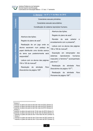 Instituto Politécnico de Santarém
Escola Superior de Educação
Licenciatura em Educação Básica – 3.º ano, 1.º semestre
8
3
Anexo 2
4
Inserido no plano de aula do dia 8 de maio de 2012 (Anexo 2)
5
Inserido no plano de aula do dia 8 de maio de 2012 (Anexo 2)
6
Inserido no plano de aula do dia 8 de maio de 2012 (Anexo 2)
7
Anexo 3
8
Inserido no plano de aula do dia 10 de maio de 2012 (Anexo 3)
9
Inserido no plano de aula do dia 10 de maio de 2012 (Anexo 3)
10
Inserido no plano de aula do dia 10 de maio de 2012 (Anexo 3)
11
Anexo 1
12
Inserido no plano de aula do dia 10 de maio de 2012 (Anexo 3)
13
Inserido no plano de aula do dia 10 de maio de 2012 (Anexo 3)
1.ª Semana – de 07 a 11 de Maio de 2012Conteúdos
Caracteres sexuais primários;
Caracteres sexuais secundários;
Constituição do sistema reprodutor humano.
EstratégiaseAtividades
Abertura das lições;
Registo do plano de aula3
;
Realização de um jogo onde os
alunos escrevem num pedaço de
papel distribuído uma dúvida acerca
do tema que posteriormente será
respondida4
;
Leitura com os alunos das páginas
154 e 155 do manual5
.
Resolução da atividade Para
Descobrires da página 1556
.
Abertura das lições;
Registo do plano de aula7
;
Revisão da aula anterior e
encadeamento com a presente8
;
Leitura com os alunos das páginas
156 a 159 do manual9
;
Exposição em retroprojetor dos
sistemas reprodutores humanos
masculino e feminino10
acompanhado
pelo livro11
.
Realização da atividade Para
Descobrires da página 15712
;
Realização da atividade Para
Pensares da página 15913
.
 