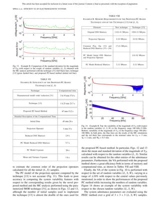 This article has been accepted for inclusion in a future issue of this journal. Content is final as presented, with the exception of pagination.
SPINA et al.: EFFICIENT VA OF ELECTROMAGNETIC SYSTEMS 11
Fig. 13. Example B. Comparison of the standard deviation for the magnitude
of Y24 with respect to the couple of random variables (L, S) obtained with
the MC analysis performed with the technique [31] (full black line), technique
[13] (green dashed line), and proposed PC-based method (dotted red line).
TABLE VII
EXAMPLE B. EFFICIENCY OF THE PROPOSED PC-BASED
TECHNIQUE FOR (L, S)
to estimate the common order of the projection operators
calculated for all the initial (L, S) samples.
The PC model of the projection operator computed by the
technique [13] is not accurate (Fig. 11). This leads to poor
accuracy in computing the system variability features with
respect to the corresponding results given by the novel pro-
posed method and the MC analysis performed using the para-
meterized MOR technique [31], as shown in Figs. 12 and 13,
although the number of initial samples used to implement
the technique [13] is almost the double of the ones used for
TABLE VIII
EXAMPLE B. MEMORY REQUIREMENTS OF THE PROPOSED PC-BASED
TECHNIQUE AND OF THE TECHNIQUE [13] FOR (L, S)
Fig. 14. Example B. Top: the variability of the magnitude of Y13 with respect
to the random variables (L, S, W) in the frequency range 100 kHz–5 GHz.
Bottom: variability of the magnitude of Y13 in the frequency range 100 kHz–
100 MHz. In both plots, the blue lines are the results of the MC simulations
and the red thick line corresponds to the nominal value for L0 = 5 mm,
S0 = 2 mm, and W0 = 0.5 mm.
the proposed PC-based method. In particular, Figs. 12 and 13
show the mean and standard deviation of the magnitude of Y24
calculated with respect to the random variables (L, S). Similar
results can be obtained for the other entries of the admittance
parameters. Furthermore, the VA performed with the proposed
method shows a great efﬁciency both in terms of memory and
computational time, as shown in Tables VII and VIII.
Finally, the VA of the system in Fig. 10 is performed with
respect to the set of random variables (L, S, W), varying in a
range of ±10% with respect to the central values previously
mentioned, in order to show the performances of the proposed
PC method while increasing the numbers of random variables.
Figure 14 shows an example of the system variability with
respect to the chosen random variables (L, S, W).
The system admittance parameters are evaluated using the
PEEC method over a grid of 3 × 3 × 3 (L, S, W) samples.
 